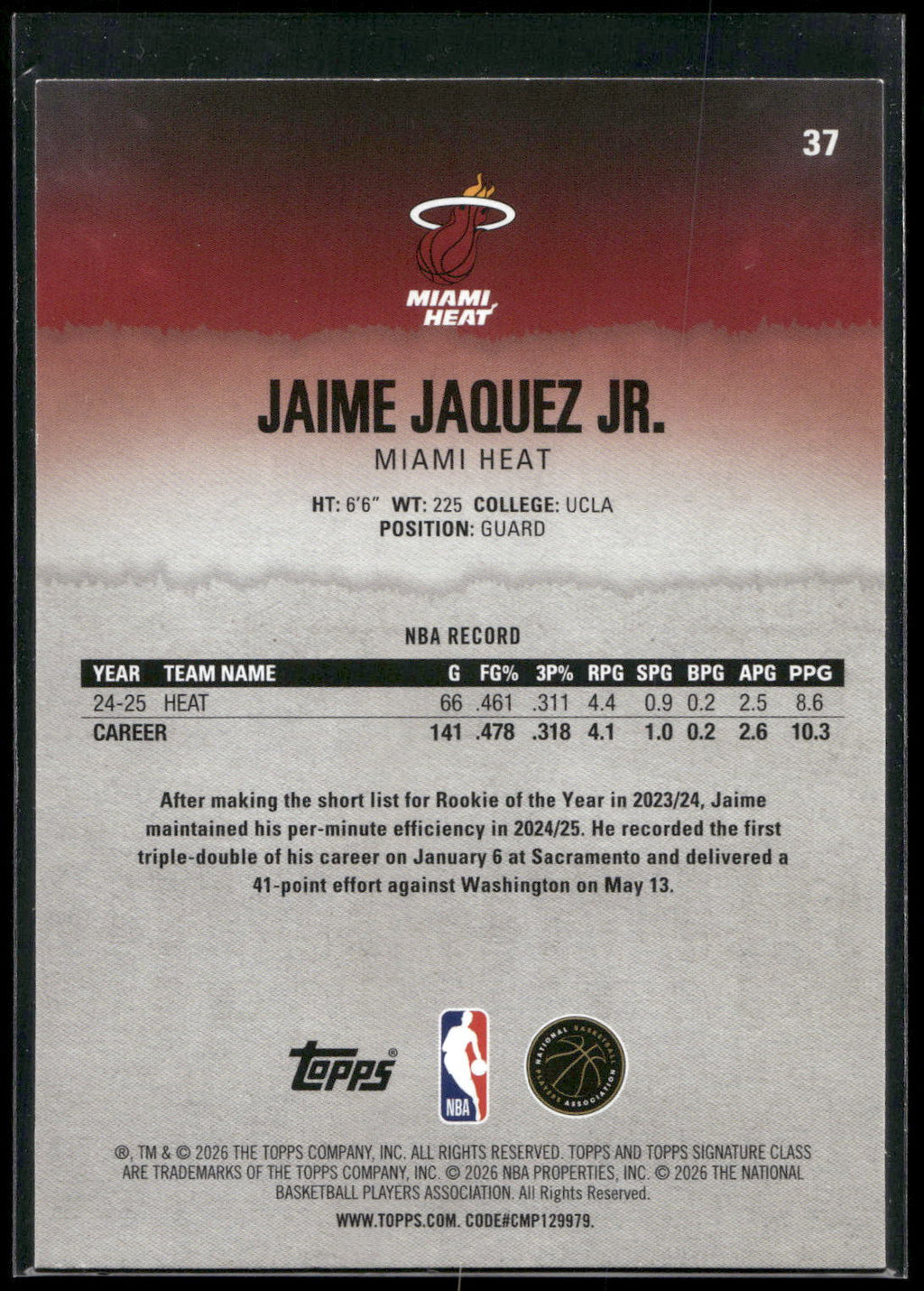 2025-26 Topps Signature Class #37 Jaime Jaquez Jr.