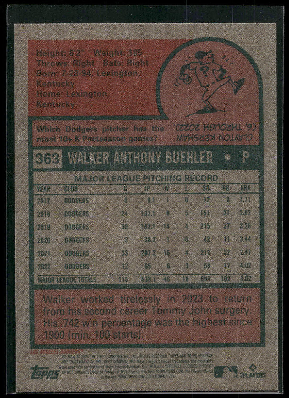 2024 Topps Heritage #363 Walker Buehler
