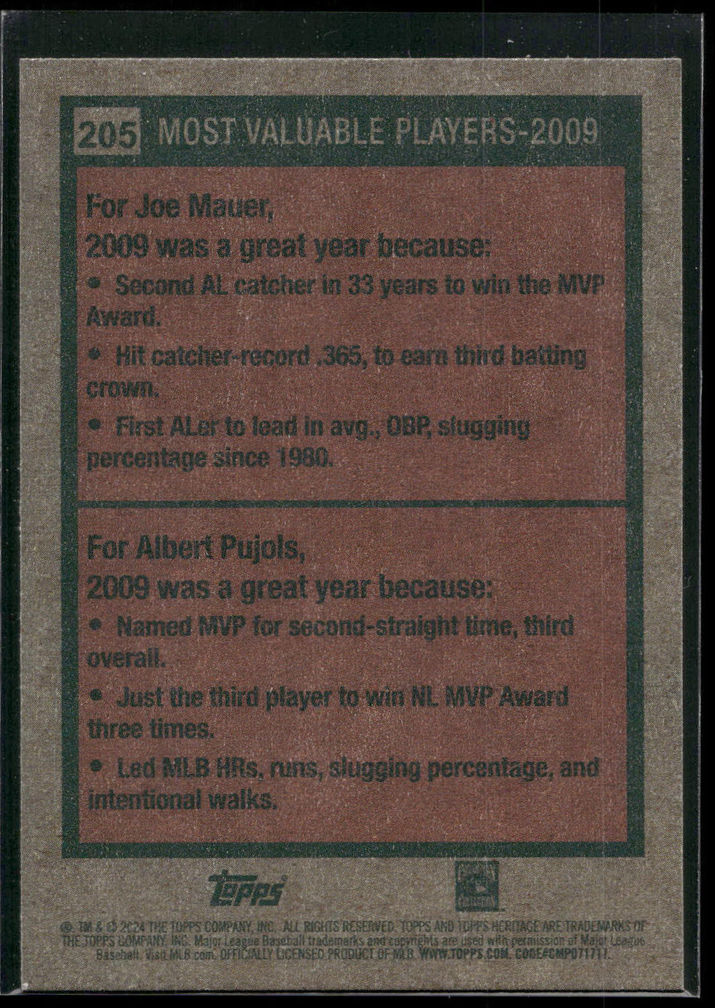 2024 Topps Heritage #205 2009 MVPs (Joe Mauer / Albert Pujols)