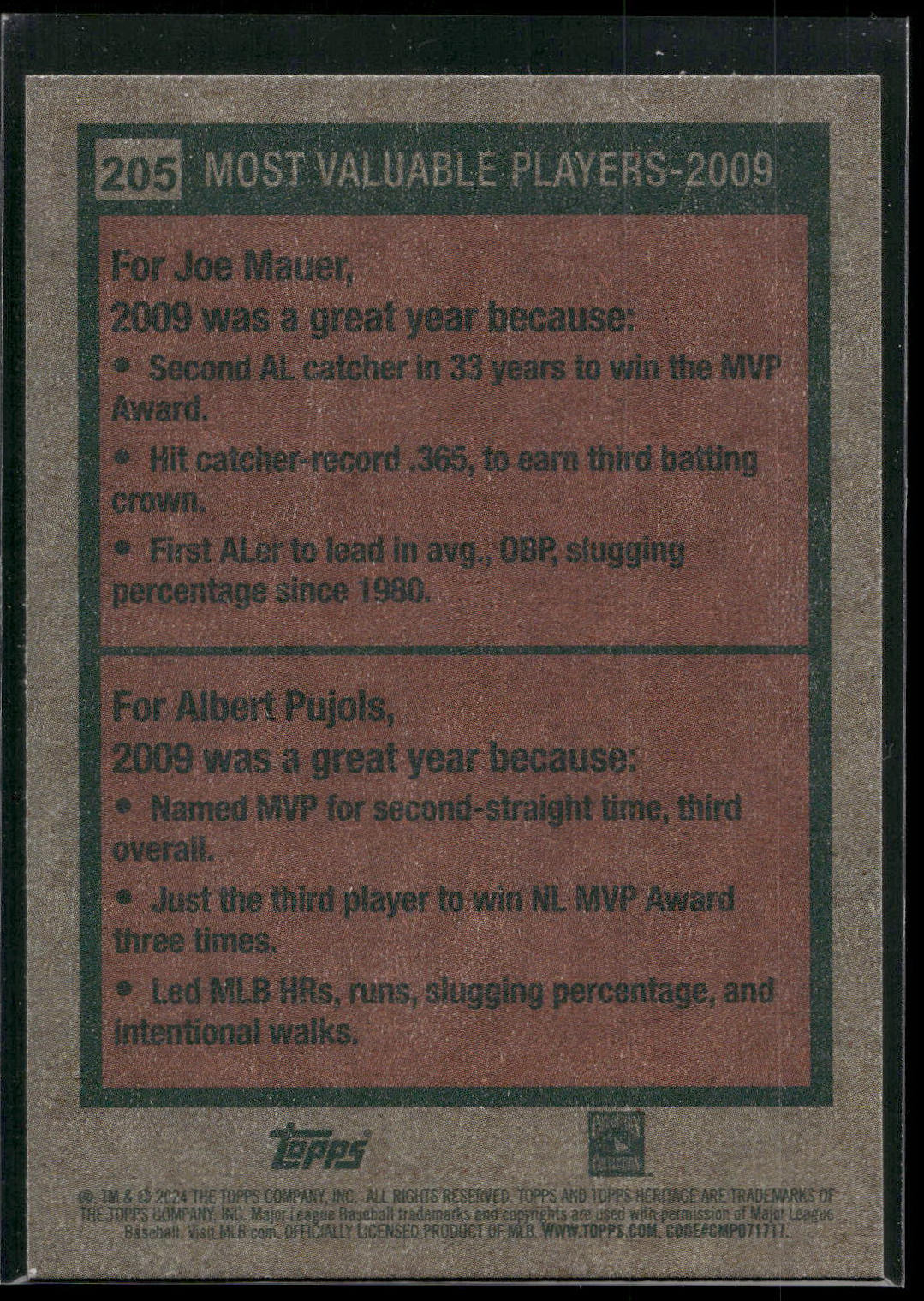 2024 Topps Heritage #205 2009 MVPs (Joe Mauer / Albert Pujols)