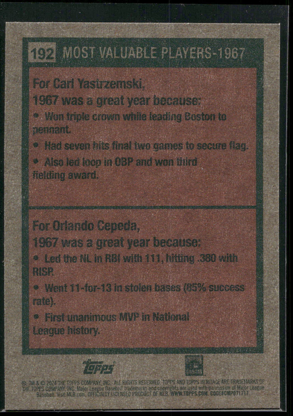 2024 Topps Heritage #192 1967 MVPs (Carl Yastrzemski / Orlando Cepeda)