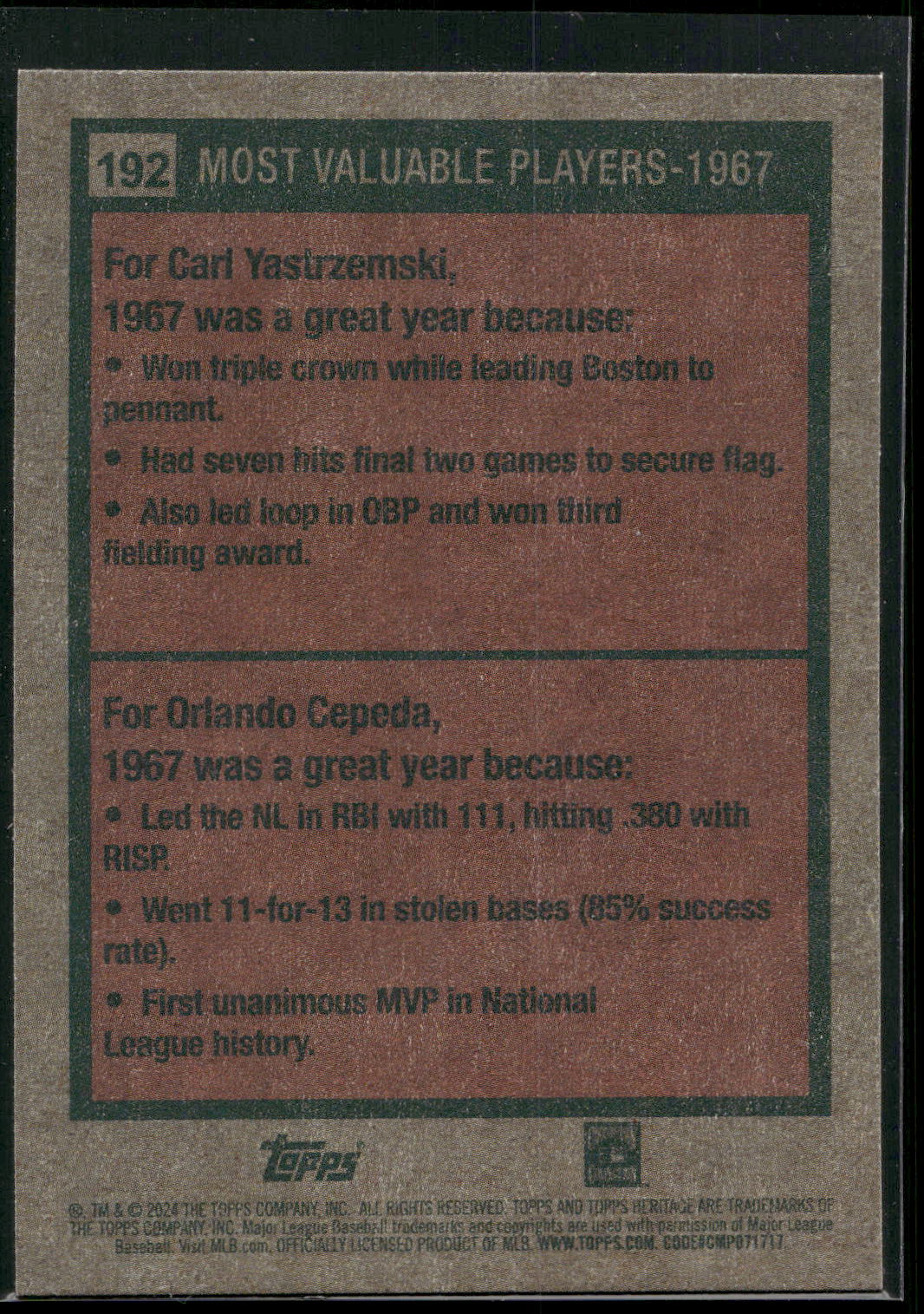 2024 Topps Heritage #192 1967 MVPs (Carl Yastrzemski / Orlando Cepeda)