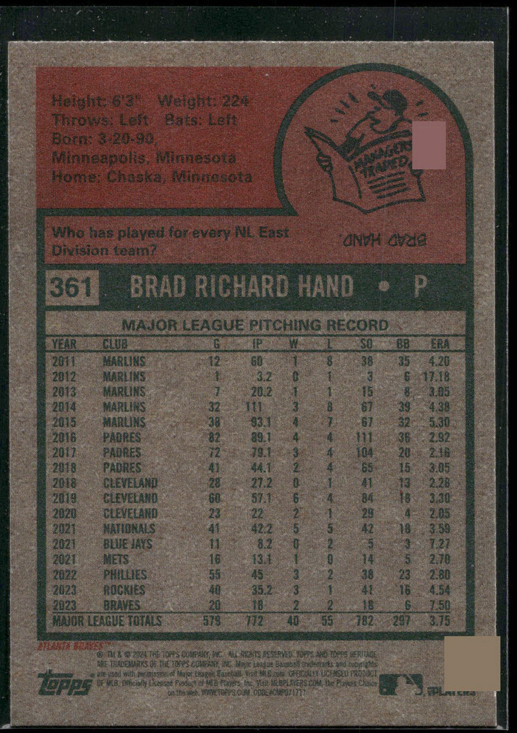 2024 Topps Heritage #361 Brad Hand