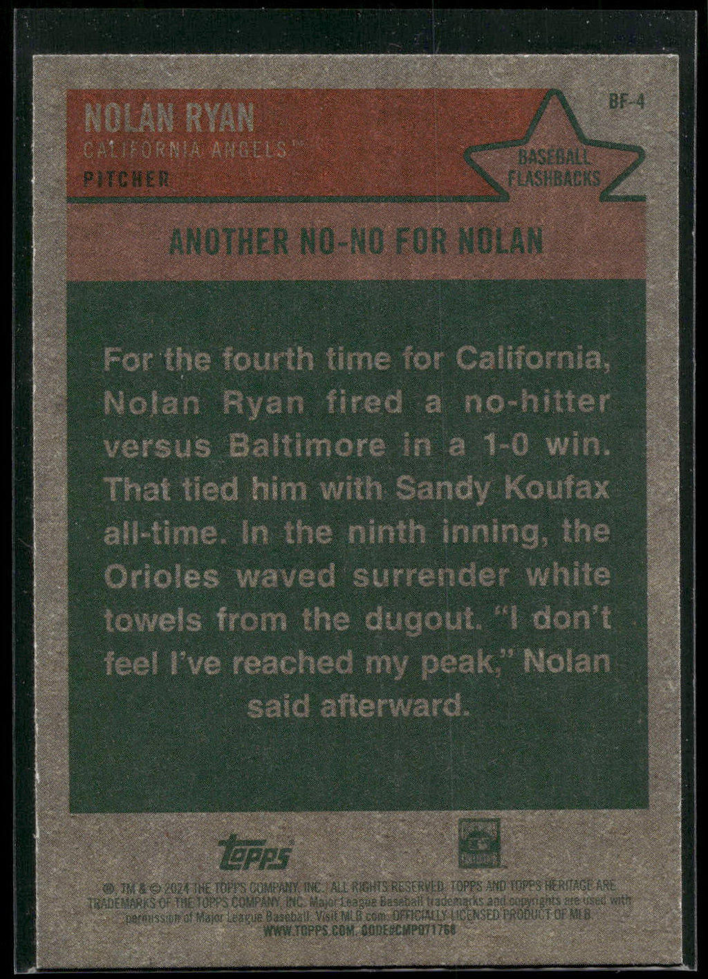2024 Topps Heritage #BF-4 Nolan Ryan Baseball Flashbacks