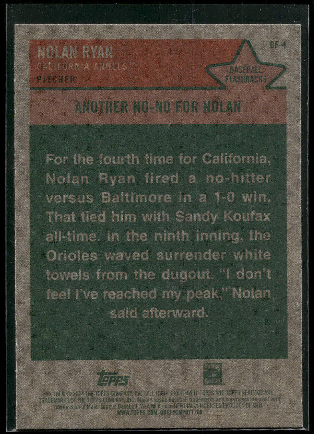 2024 Topps Heritage #BF-4 Nolan Ryan Baseball Flashbacks