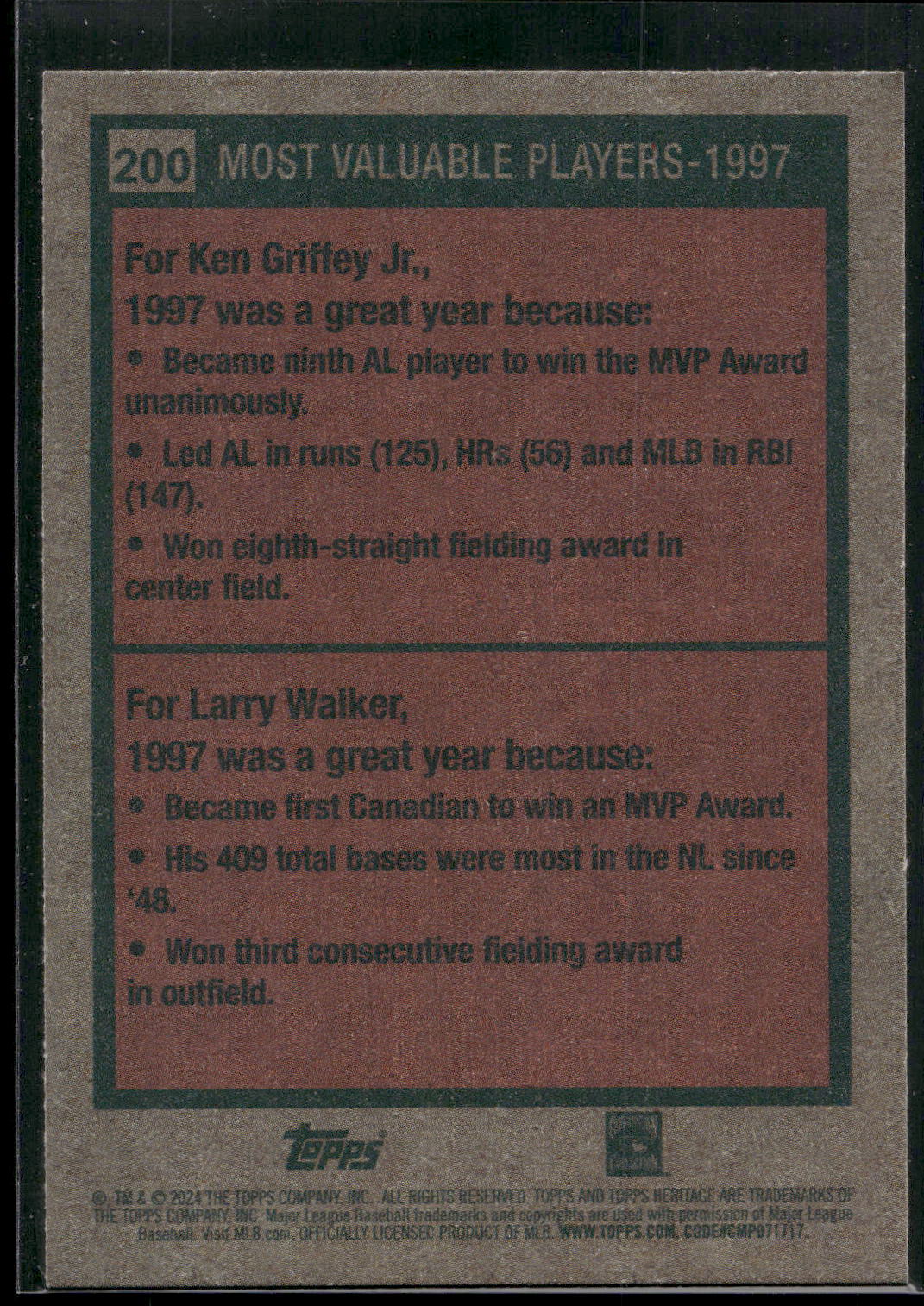 2024 Topps Heritage #200 1997 MVPs (Ken Griffey Jr. / Larry Walker)