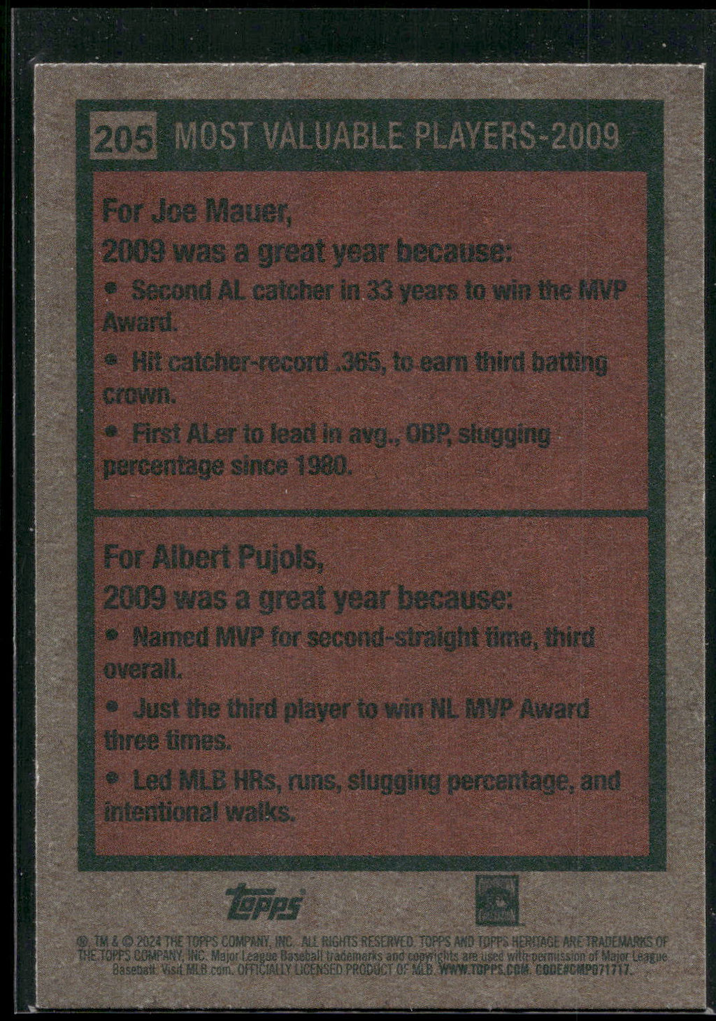 2024 Topps Heritage #205 2009 MVPs (Joe Mauer / Albert Pujols)