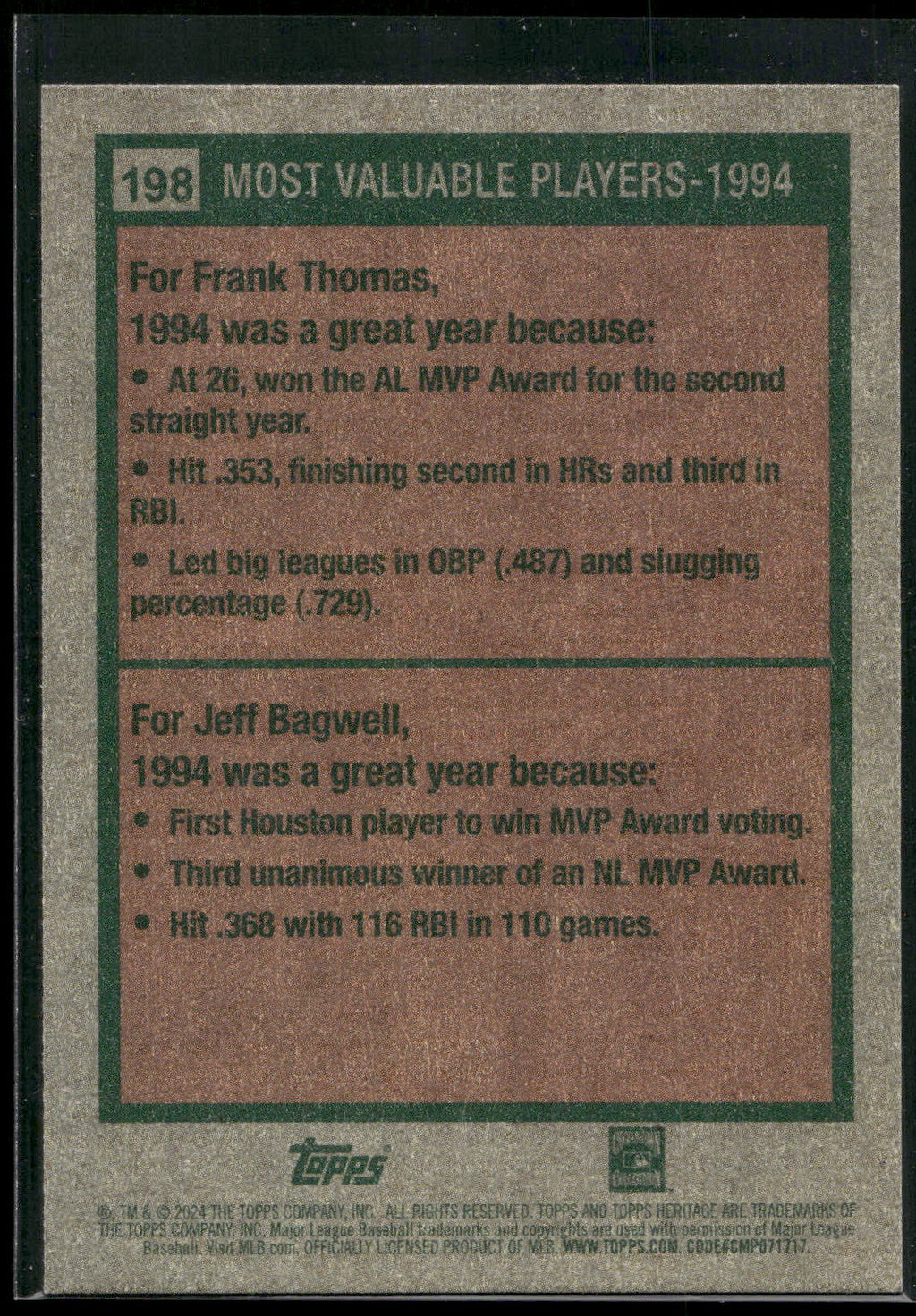 2024 Topps Heritage #198 1994 MVPs (Frank Thomas / Jeff Bagwell)