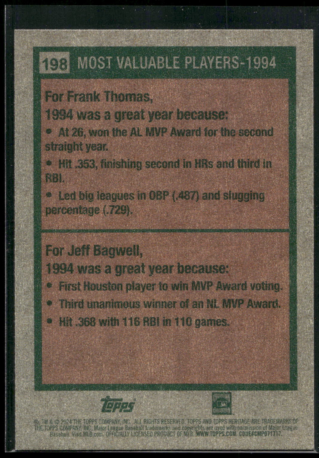 2024 Topps Heritage #198 1994 MVPs (Frank Thomas / Jeff Bagwell)