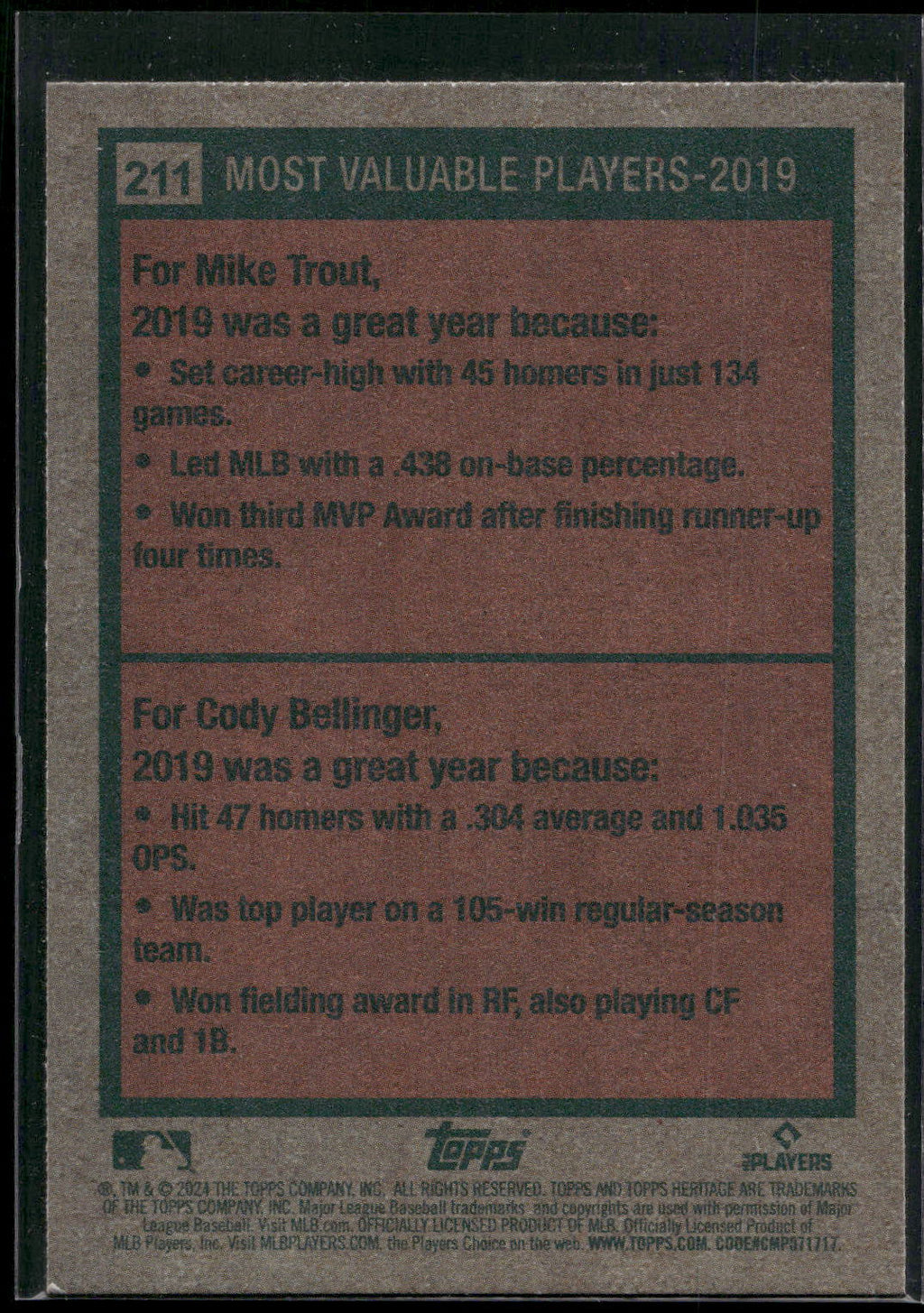 2024 Topps Heritage #211 2019 MVPs (Mike Trout / Cody Bellinger)