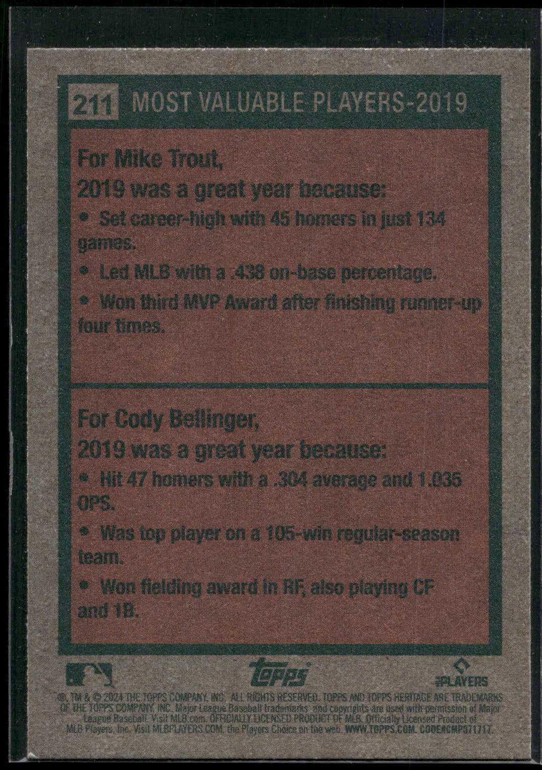 2024 Topps Heritage #211 2019 MVPs (Mike Trout / Cody Bellinger)