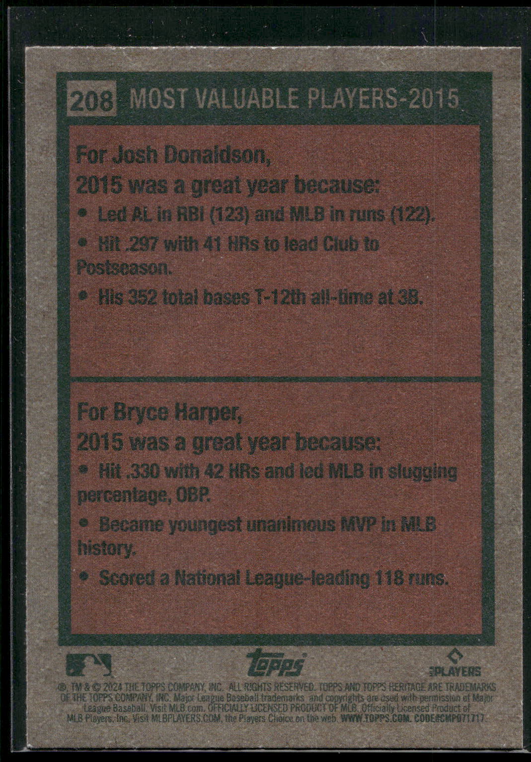 2024 Topps Heritage #208 2015 MVPs (Josh Donaldson / Bryce Harper)