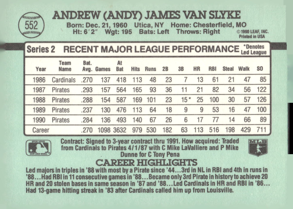 1991 Donruss #552 Andy Van Slyke