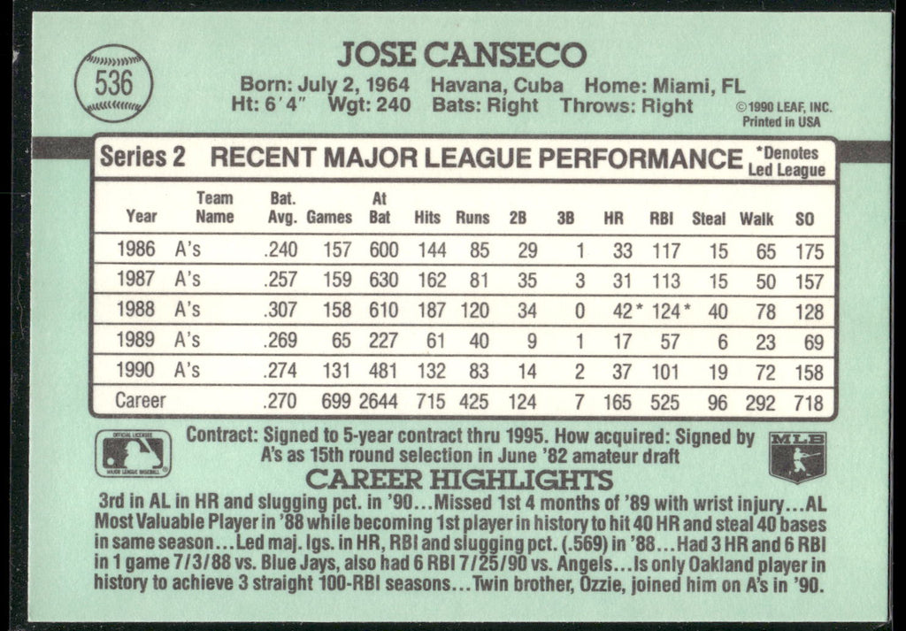 1991 Donruss #536 Jose Canseco