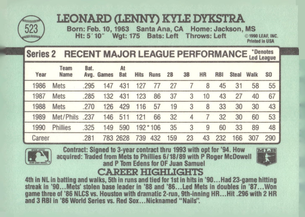 1991 Donruss #523 Len Dykstra