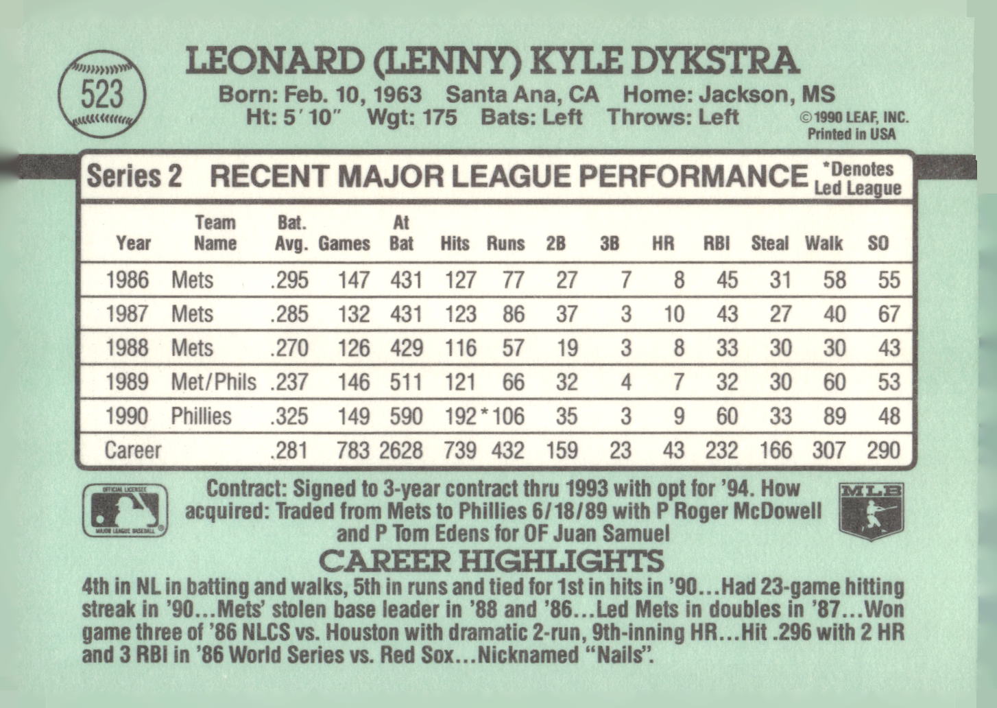 1991 Donruss #523 Len Dykstra
