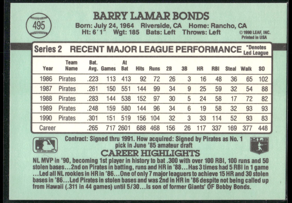 1991 Donruss #495 Barry Bonds