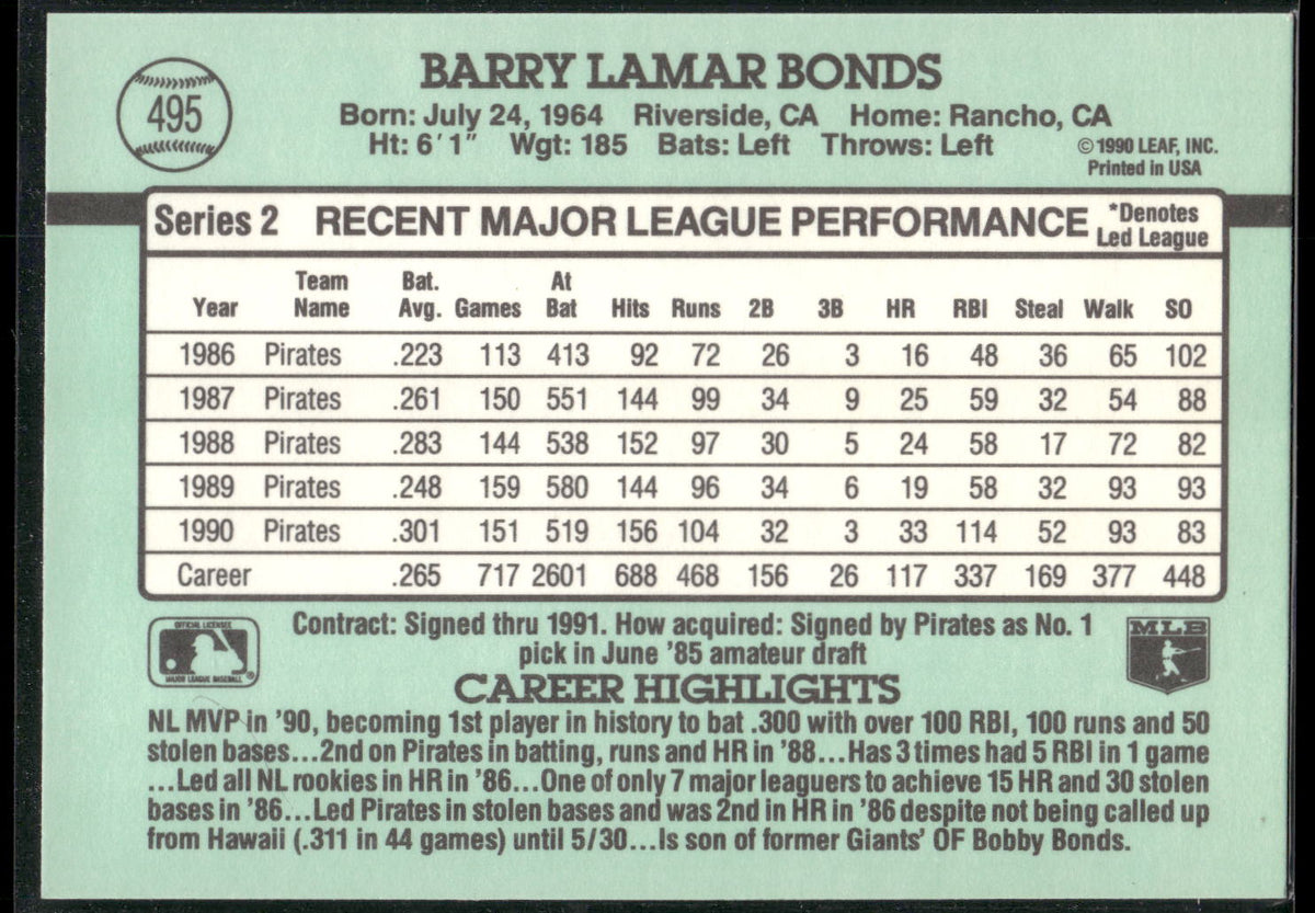 1991 Donruss #495 Barry Bonds