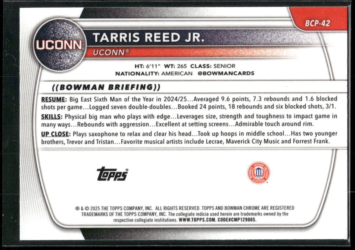 2025-26 Bowman #BCP-42 Tarris Reed Jr. Chrome Prospects