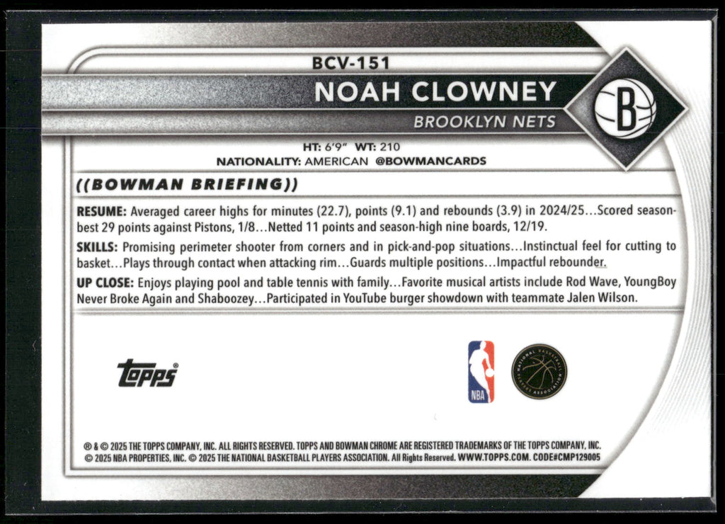 2025-26 Bowman #BCV-151 Noah Clowney Chrome
