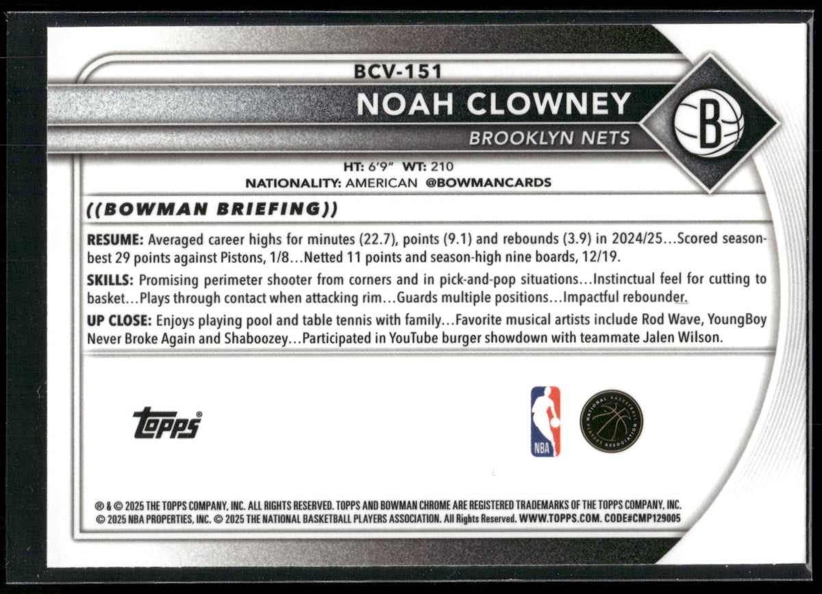2025-26 Bowman #BCV-151 Noah Clowney Chrome