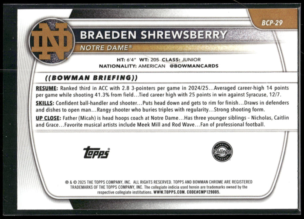 2025-26 Bowman #BCP-29 Braeden Shrewsberry Chrome Prospects