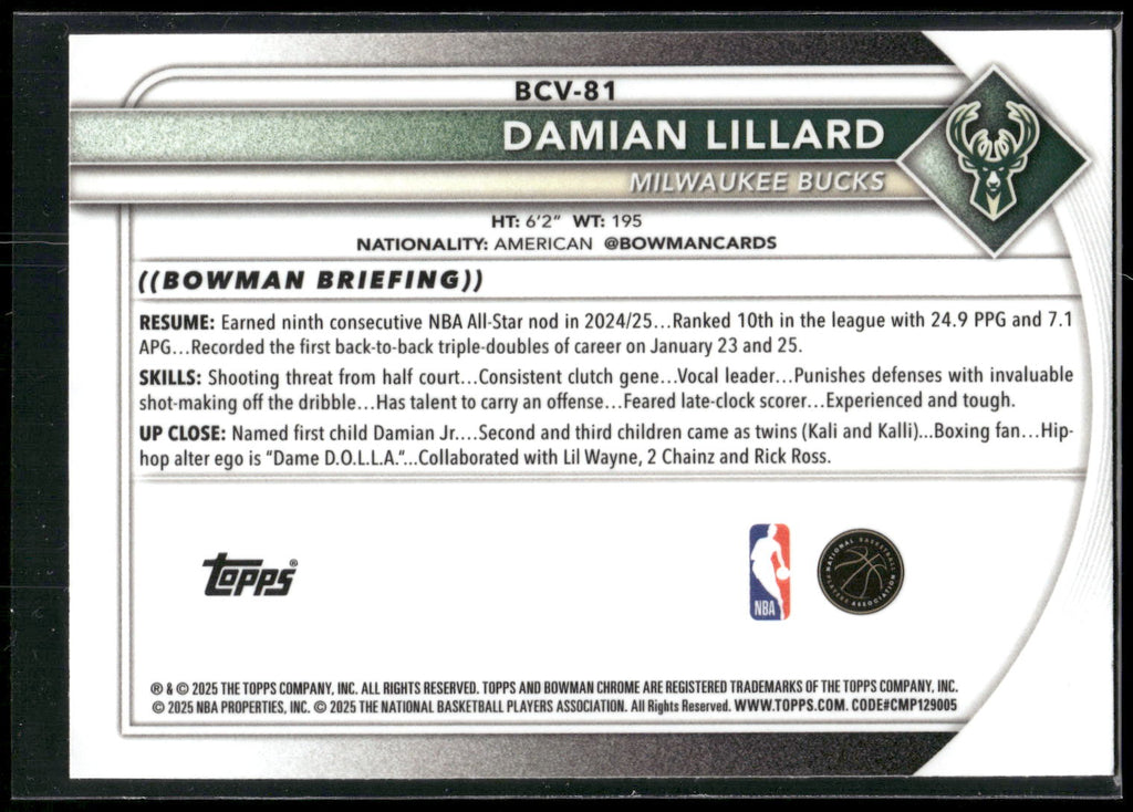 2025-26 Bowman #BCV-81 Damian Lillard Chrome