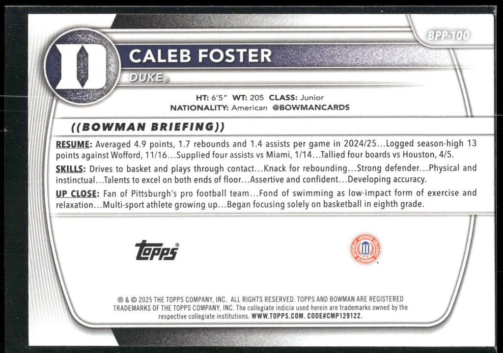 2025-26 Bowman #BPP-100 Caleb Foster Prospects
