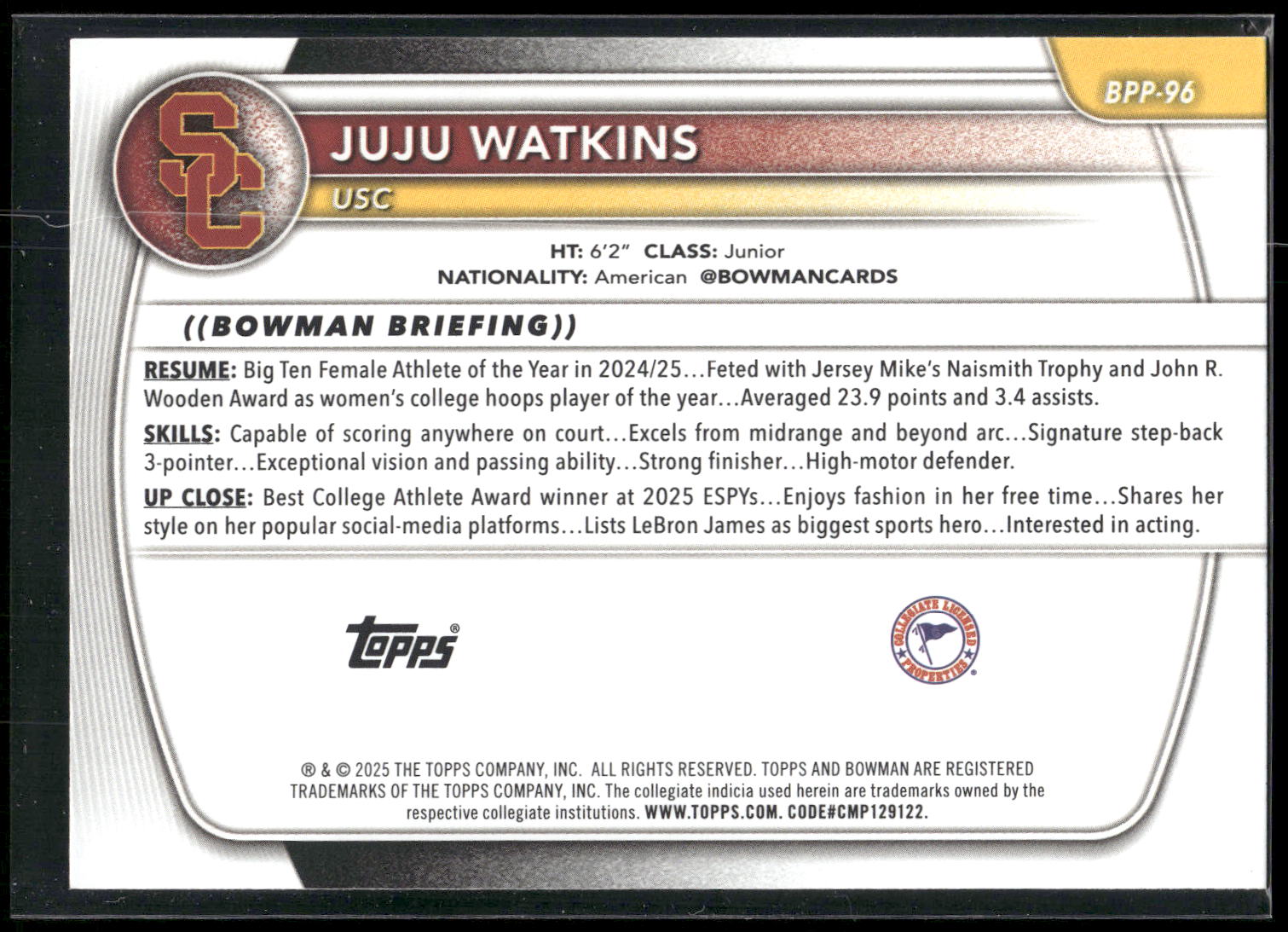 2025-26 Bowman #BPP-96 Juju Watkins Prospects