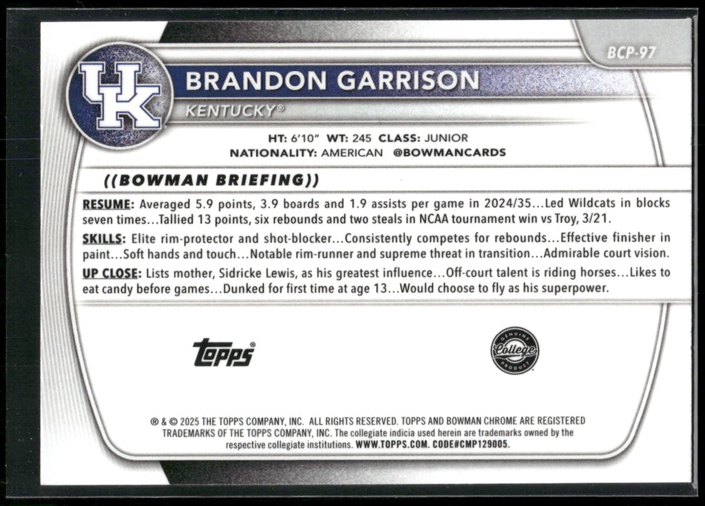 2025-26 Bowman #BCP-97 Brandon Garrison Chrome Prospects