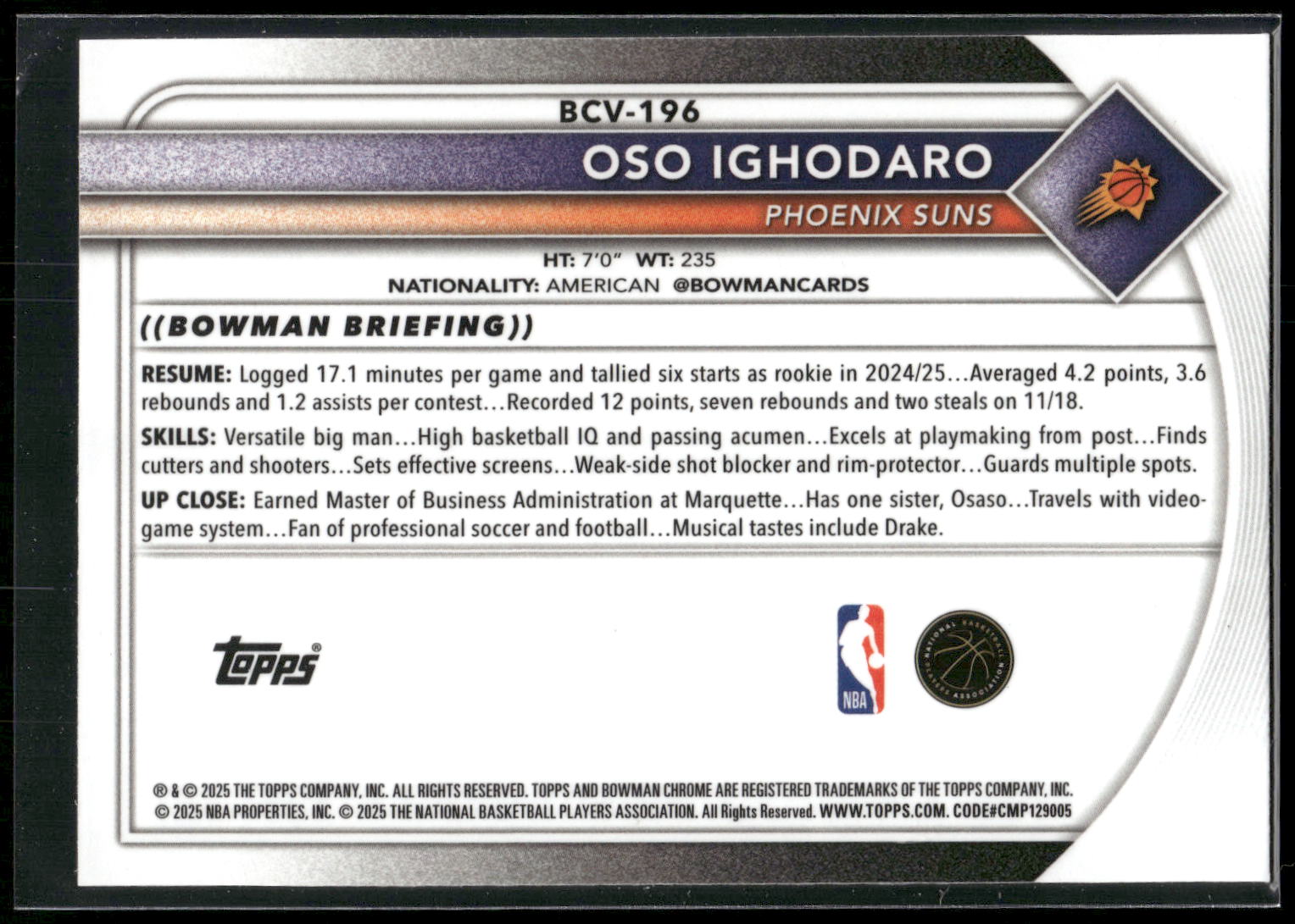 2025-26 Bowman #BCV-196 Oso Ighodaro Chrome