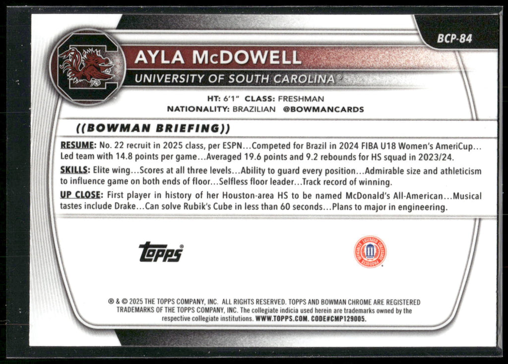 2025-26 Bowman #BCP-84 Ayla McDowell Chrome Prospects