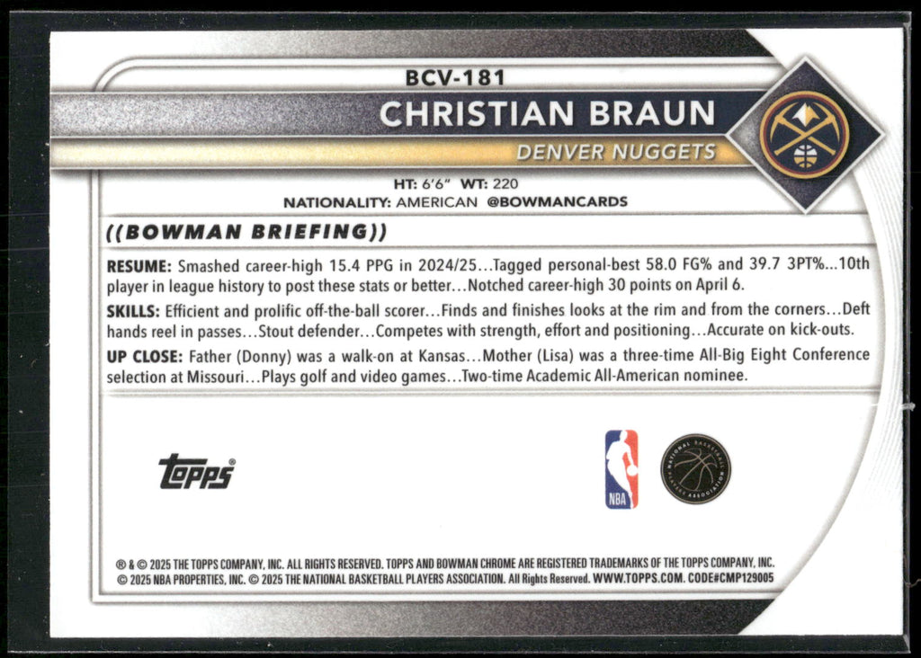 2025-26 Bowman #BCV-181 Christian Braun Chrome