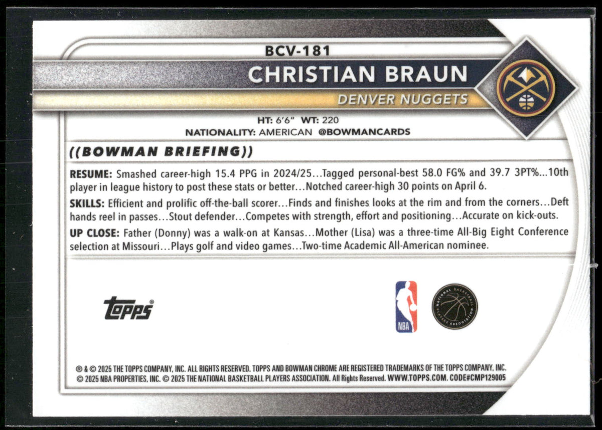 2025-26 Bowman #BCV-181 Christian Braun Chrome
