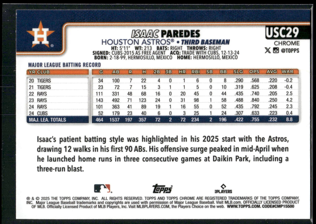 2025 Topps Chrome Update #USC29 Isaac Paredes