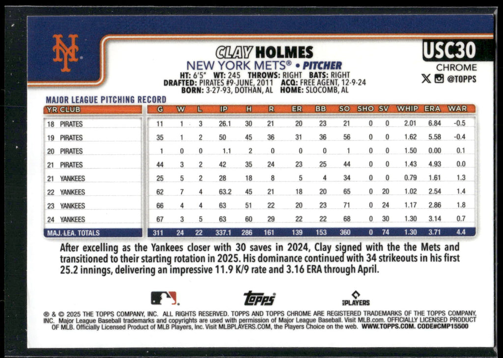 2025 Topps Chrome Update #USC30 Clay Holmes