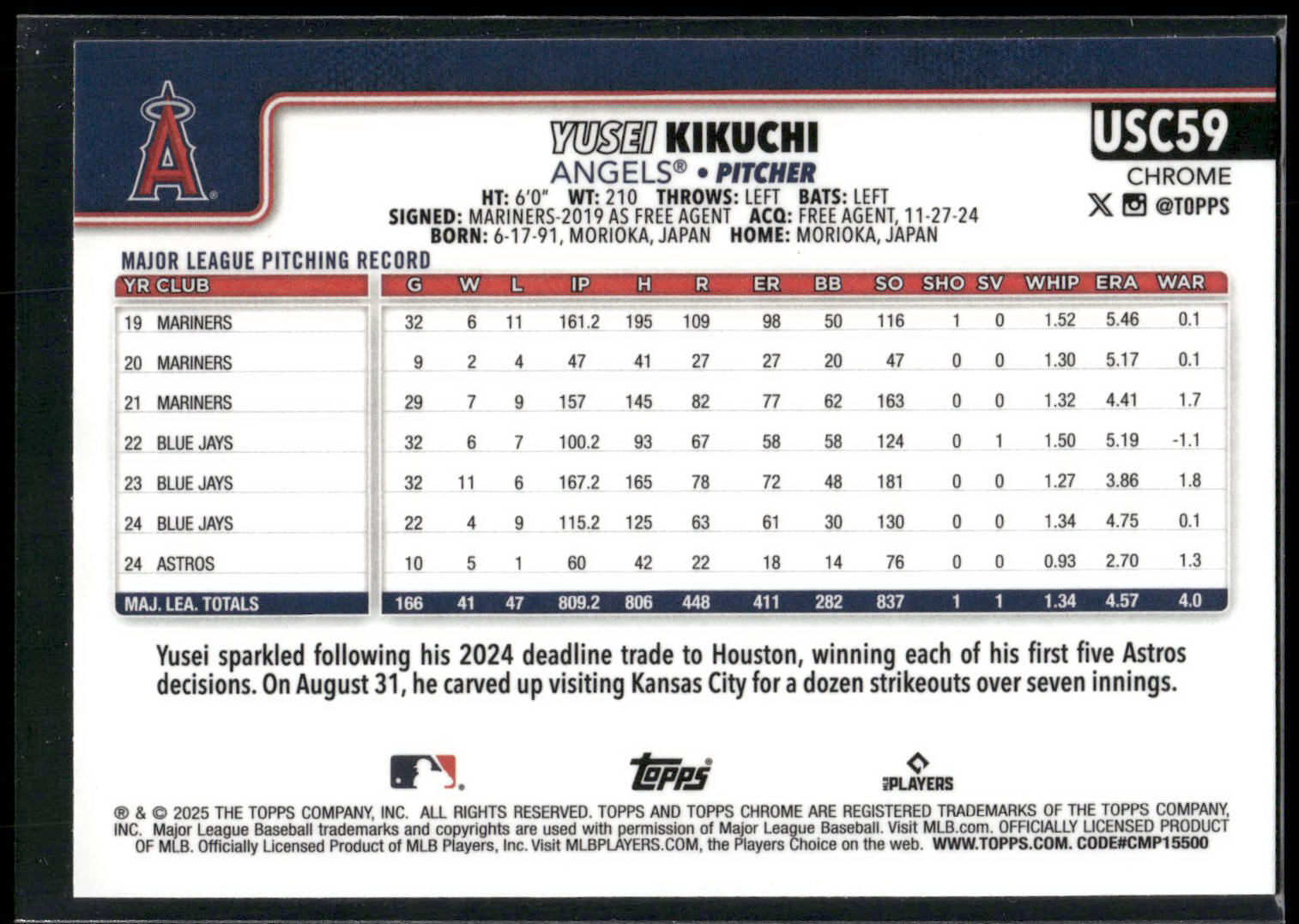 2025 Topps Chrome Update #USC59 Yusei Kikuchi