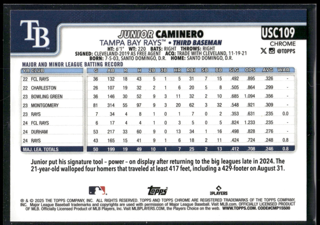 2025 Topps Chrome Update #USC109 Junior Caminero