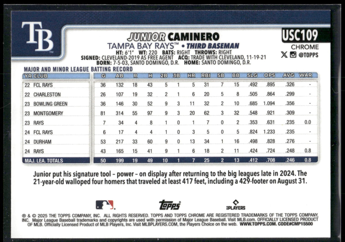 2025 Topps Chrome Update #USC109 Junior Caminero