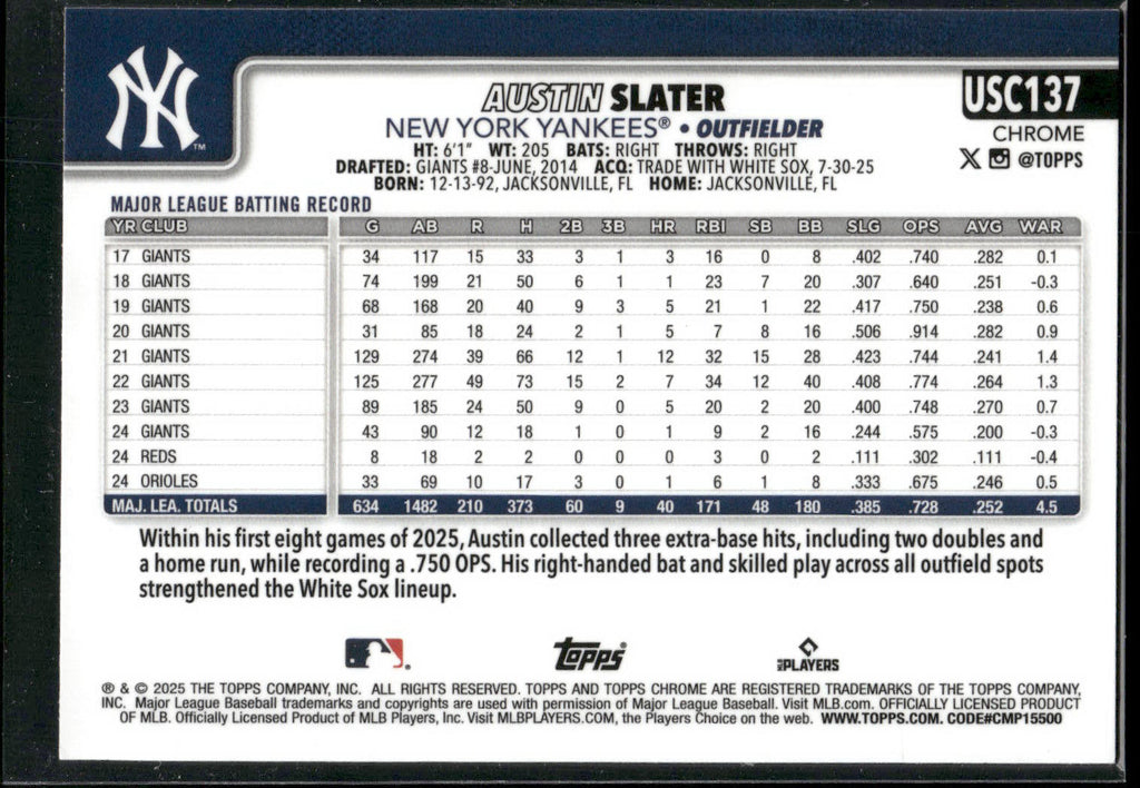 2025 Topps Chrome Update #USC137 Austin Slater