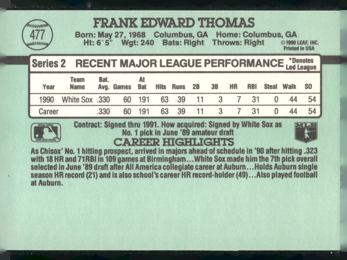 1991 Donruss #477 Frank Thomas