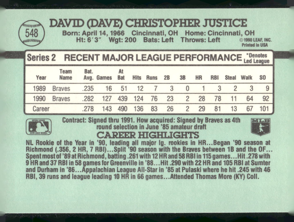 1991 Donruss #548b Dave Justice