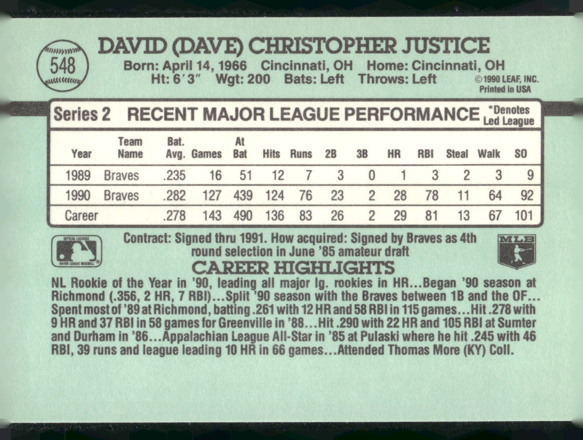 1991 Donruss #548b Dave Justice
