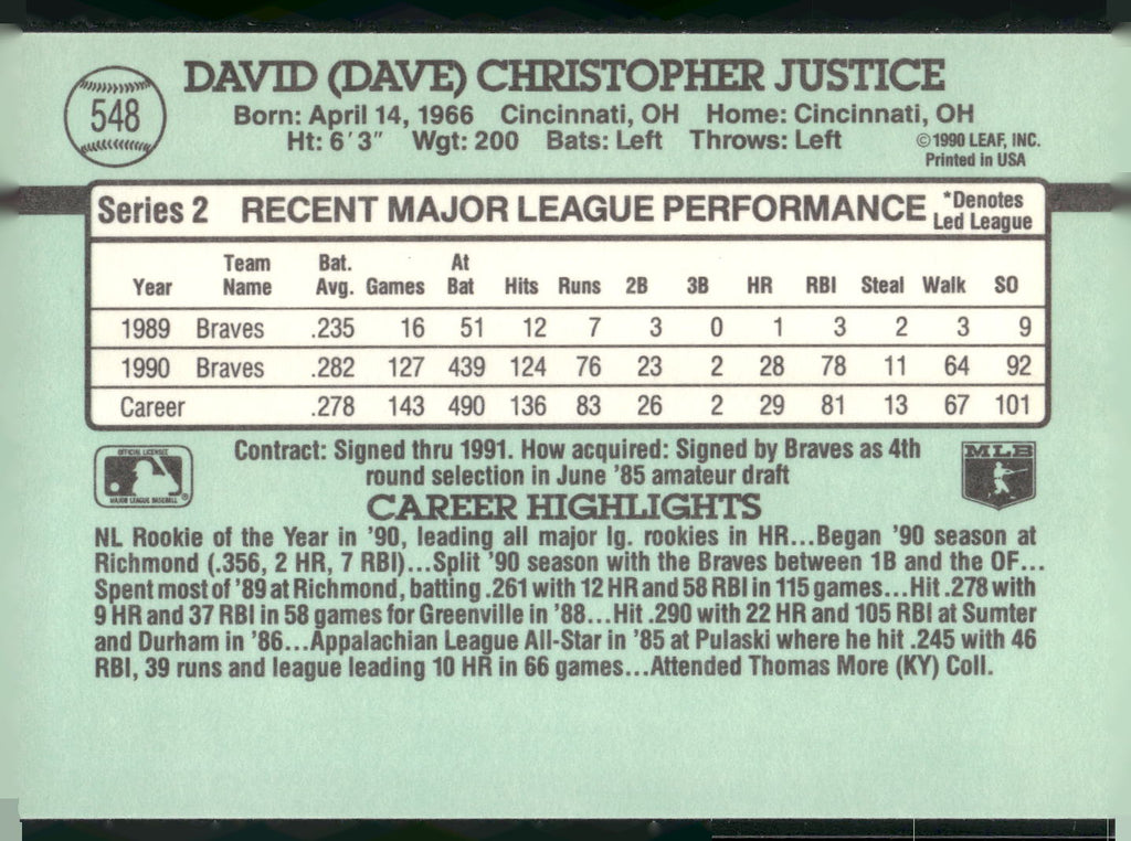 1991 Donruss #548b Dave Justice