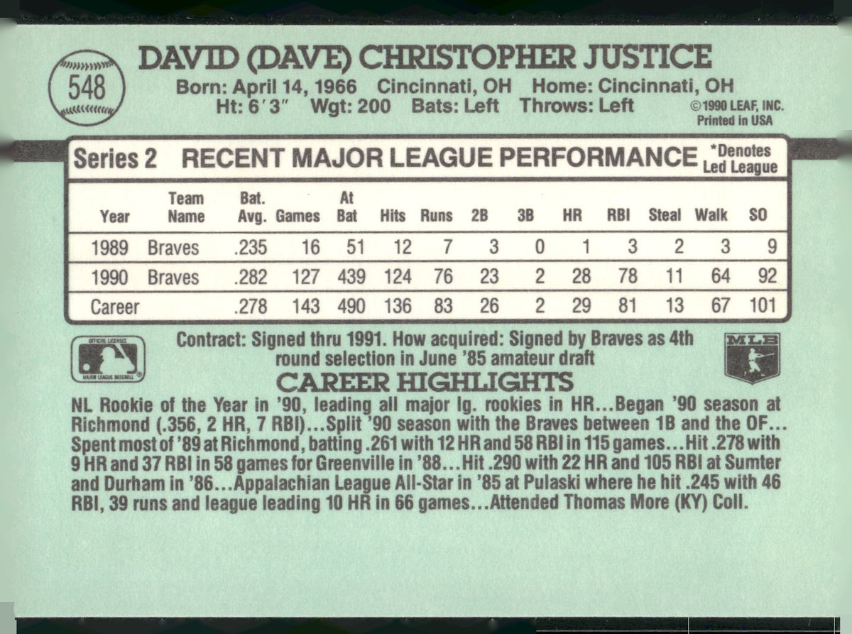 1991 Donruss #548b Dave Justice
