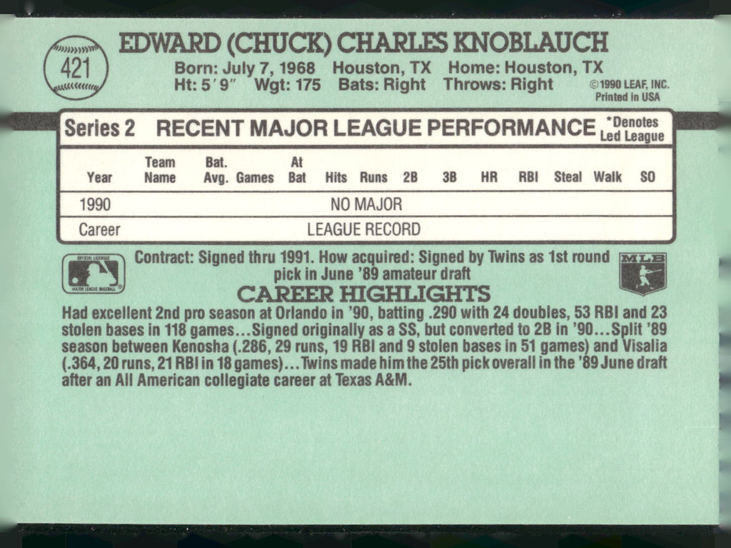 1991 Donruss #421 Chuck Knoblauch