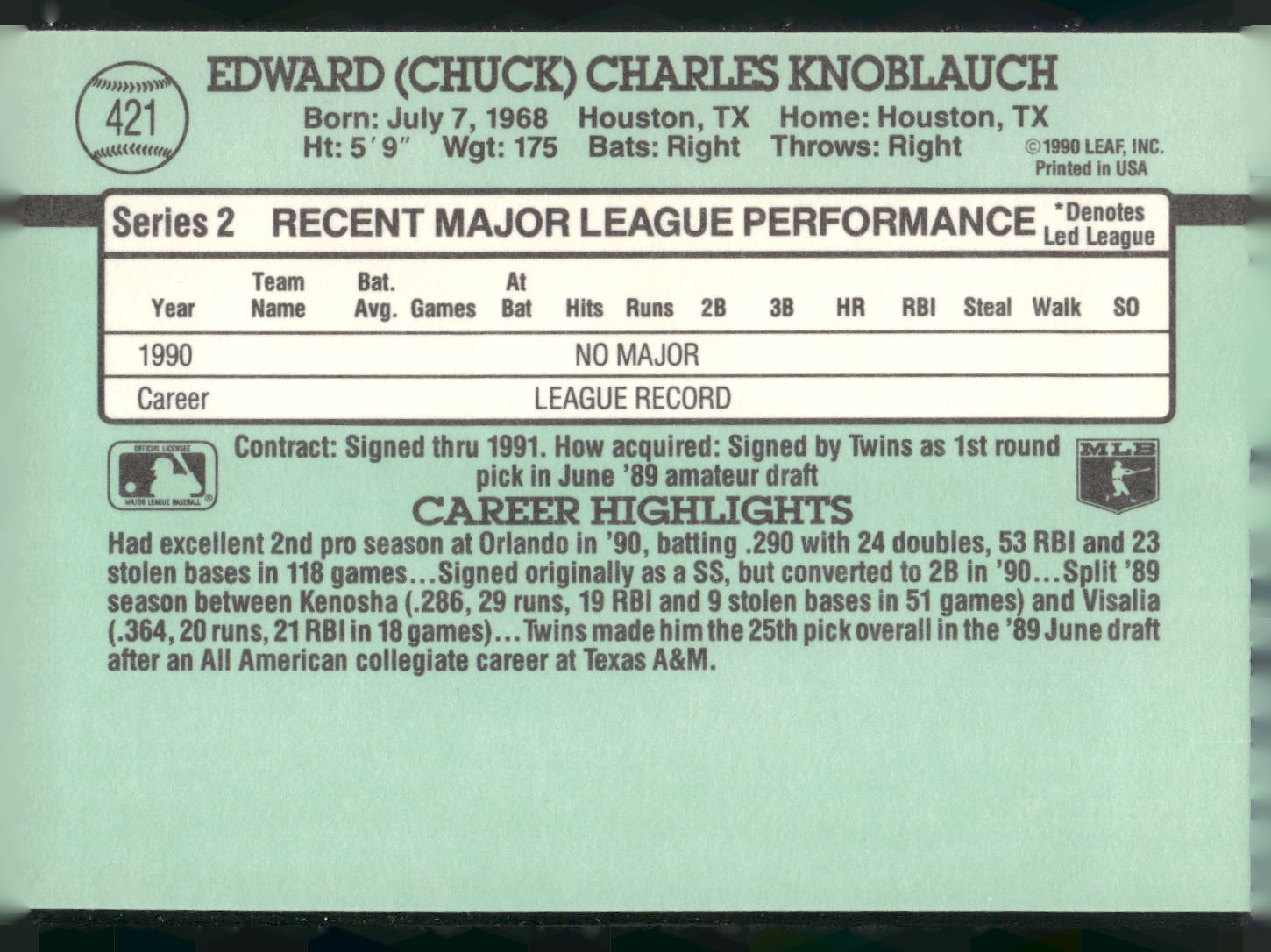 1991 Donruss #421 Chuck Knoblauch