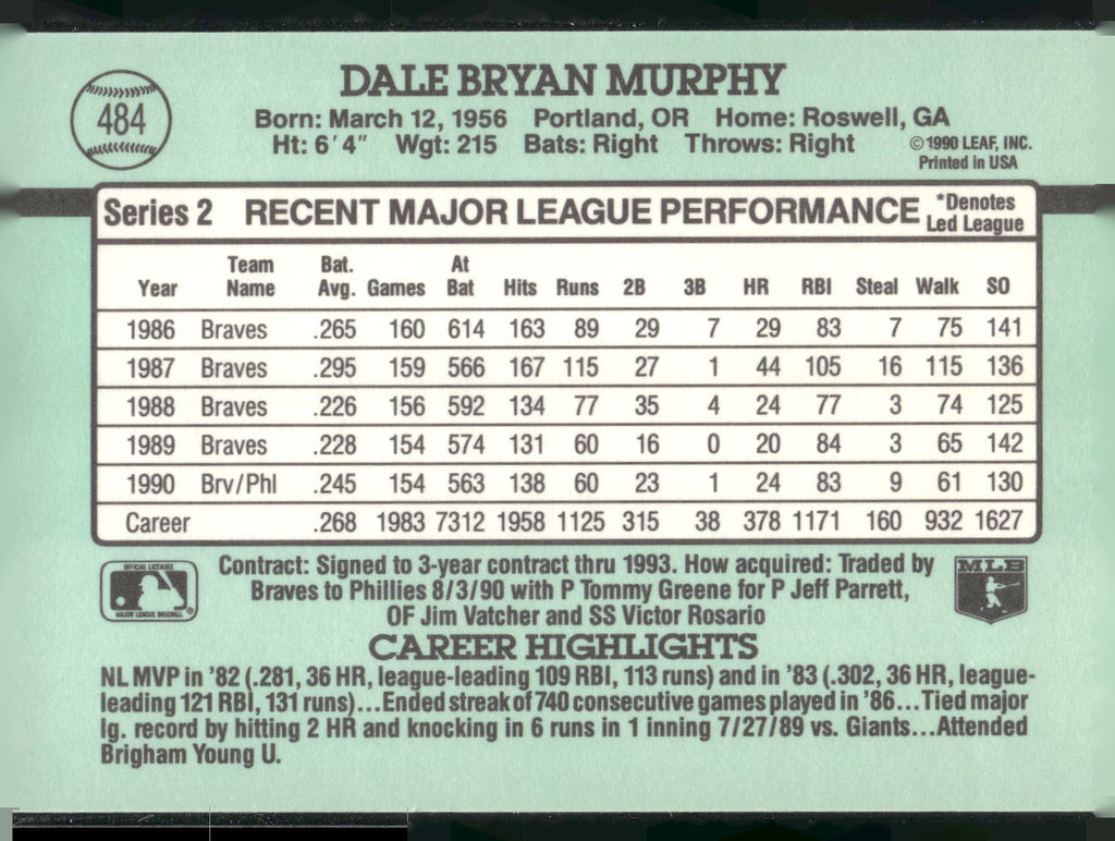 1991 Donruss #484 Dale Murphy