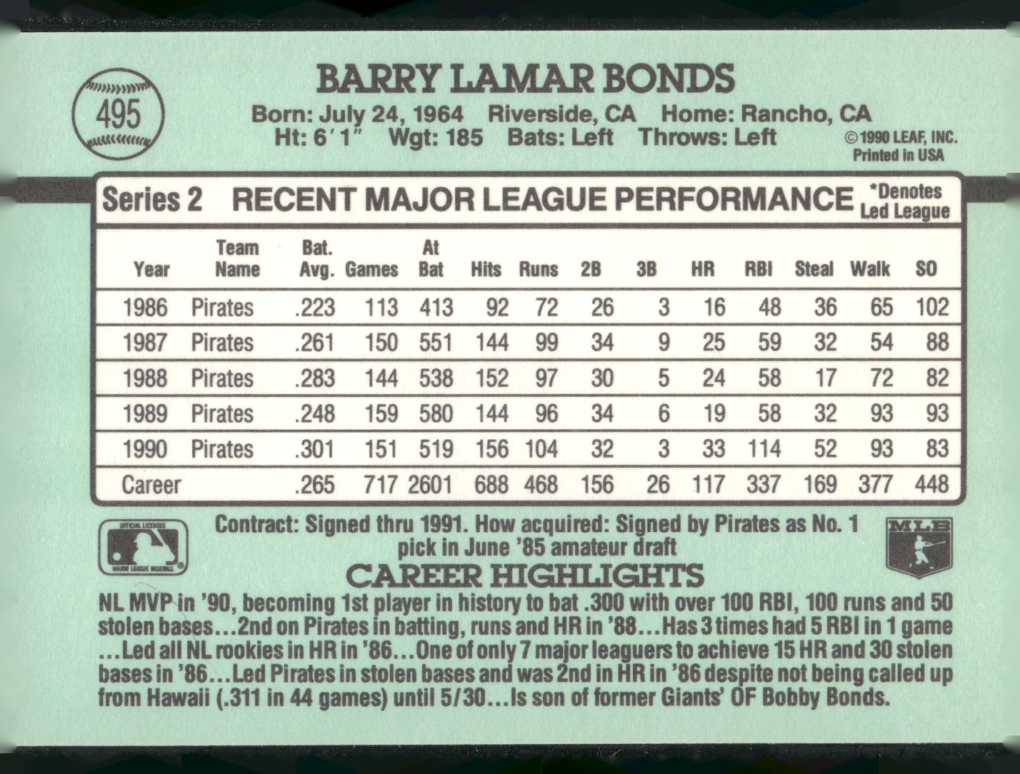 1991 Donruss #495b Barry Bonds