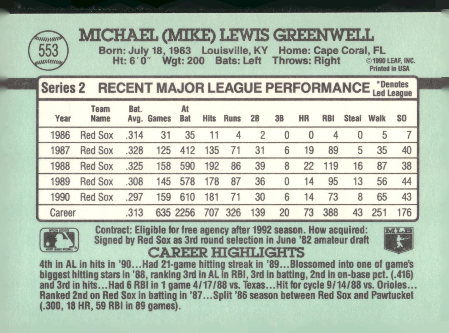 1991 Donruss #553 Mike Greenwell